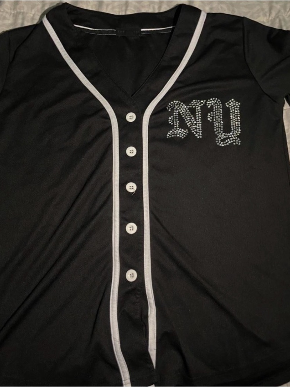 & Other Stories Black Button-Front Blouse with Rhinestone 'NY' Detail